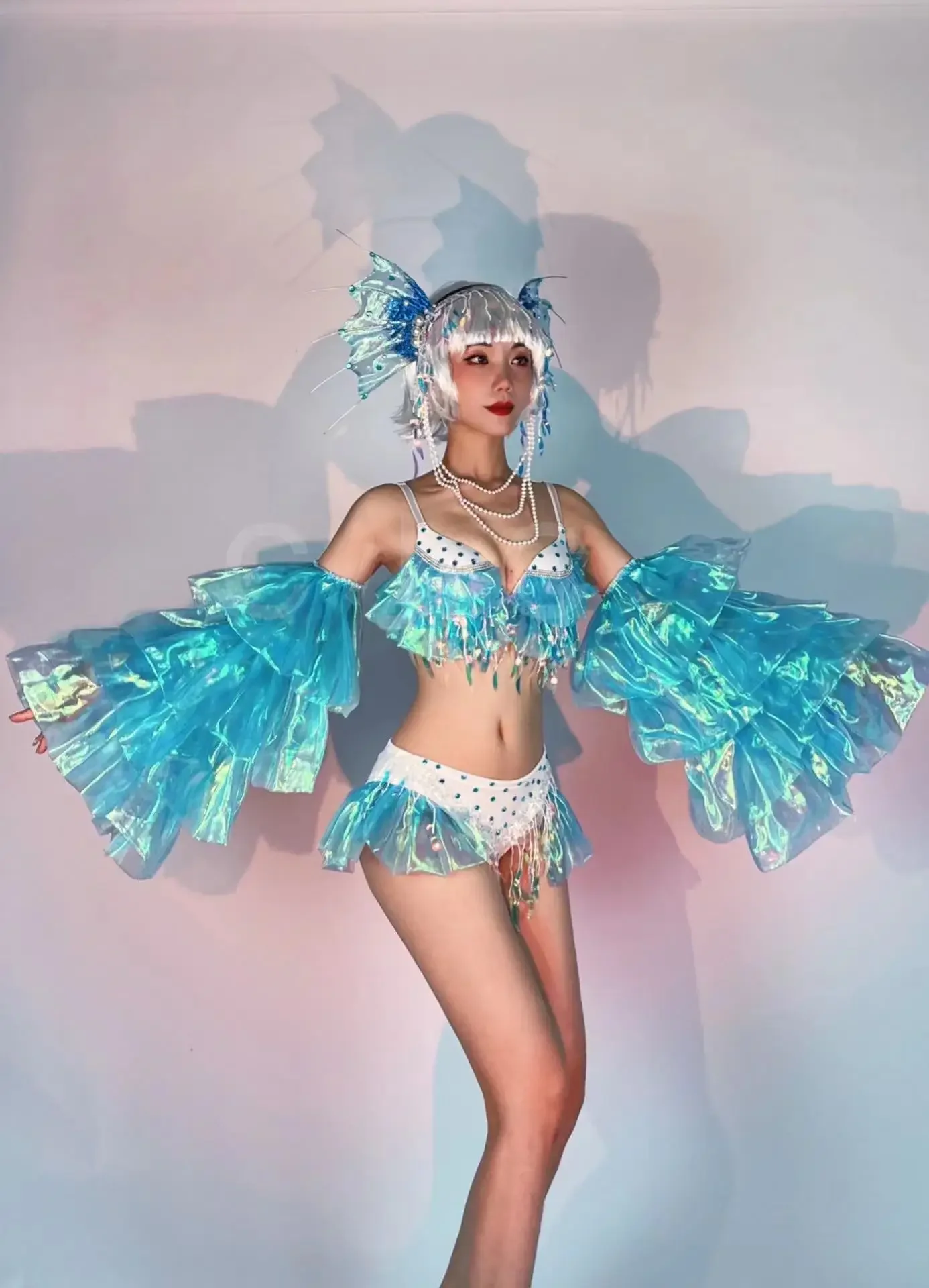 Female Dance Team Party Show Performance Mermaid Role Playing Costume Bar Big Sleeve Sequins Tassel Rhinestones Bikini Outfits