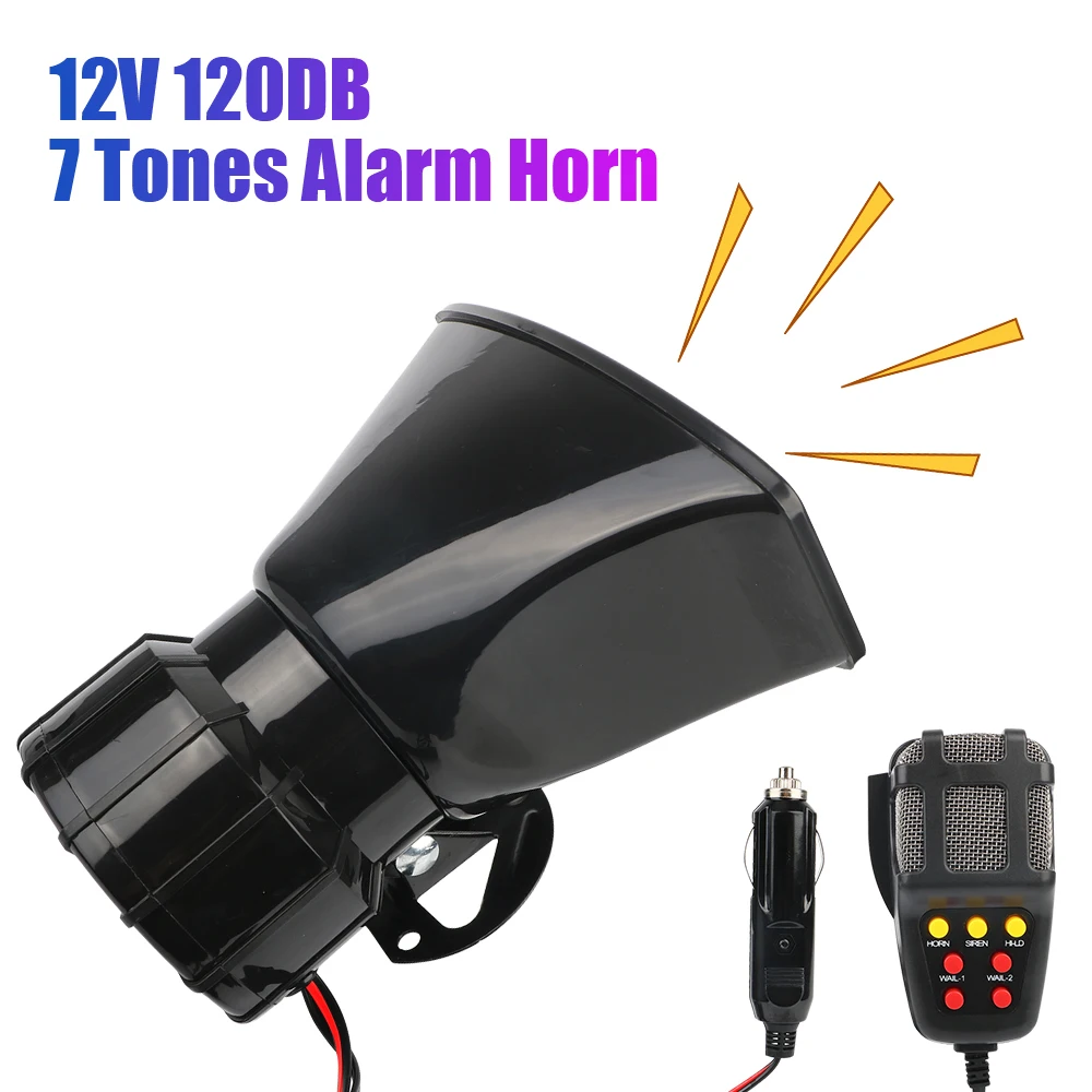 Police Siren Air Horn Speaker 7 Sounds 120DB Loud 12V 100W Car Horn Car Warning Alarm Megaphone Multi-tone & Claxon Horn