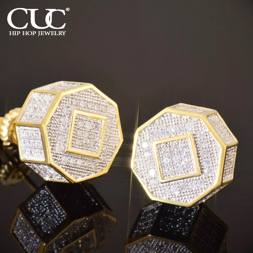 CUC 11MM Octagon Shape Stud Earring Screw Back Iced Out Cubic Zirconia Men Women Earring Gold Color Hip Hop Jewelry Fashion Gift