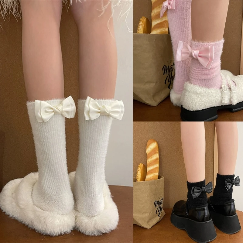 Calcetines tobilleros estilo Ballet para mujer, calcetines holgados con lazo, calcetines peludos dulces M6CD