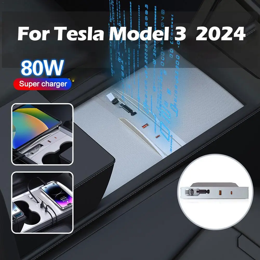 

For Tesla 2024 Intelligent Docking Station 80W PD TypeC Quick Charger Car USB Hub Extension Retractable Cable For Tesla