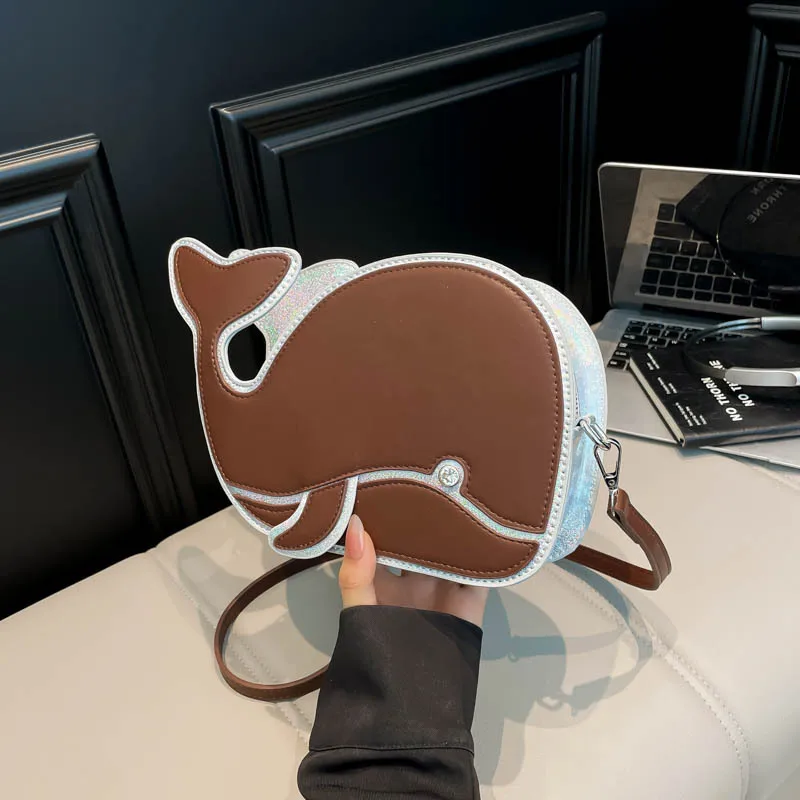 حقيبة كروس فريدة من نوعها على شكل حوت، محفظة كتف بتصميم حيوان لطيف، حقيبة بيان ملونة للنساء #5