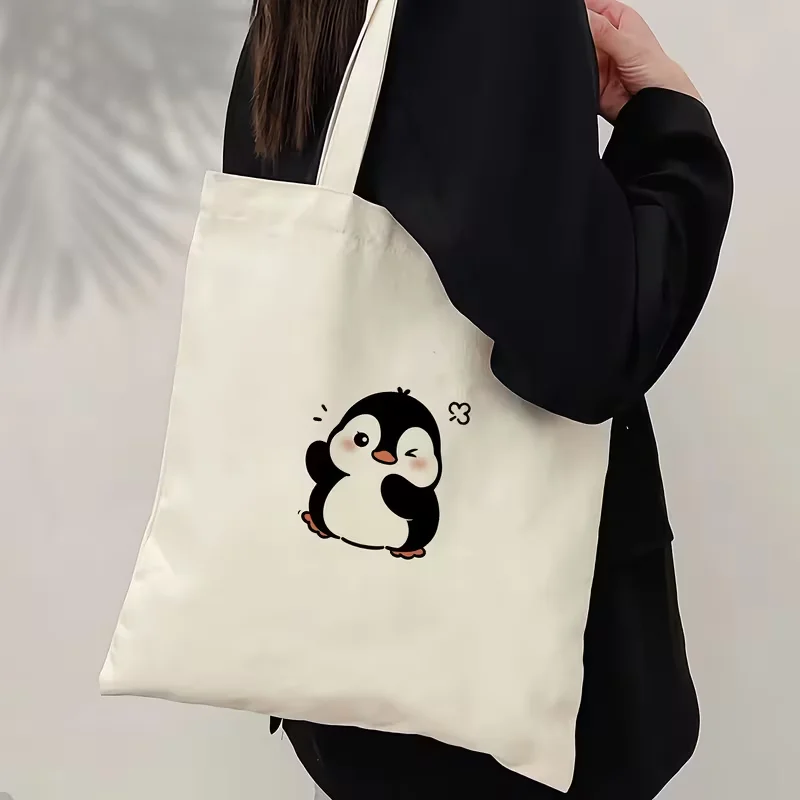 Ink Sketch Polar Bear And Penguin Printed Canvas Tote Bag Handbag For Daily Commute Shopping And Short Travel Use