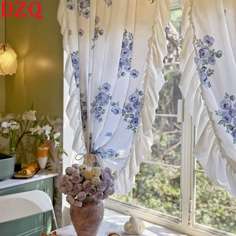 French Pastoral Style Blue and Purple Rose Pattern Curtains Cloth for Living Room Warp Ruffled Floral Curtains for Bedroom #A663
