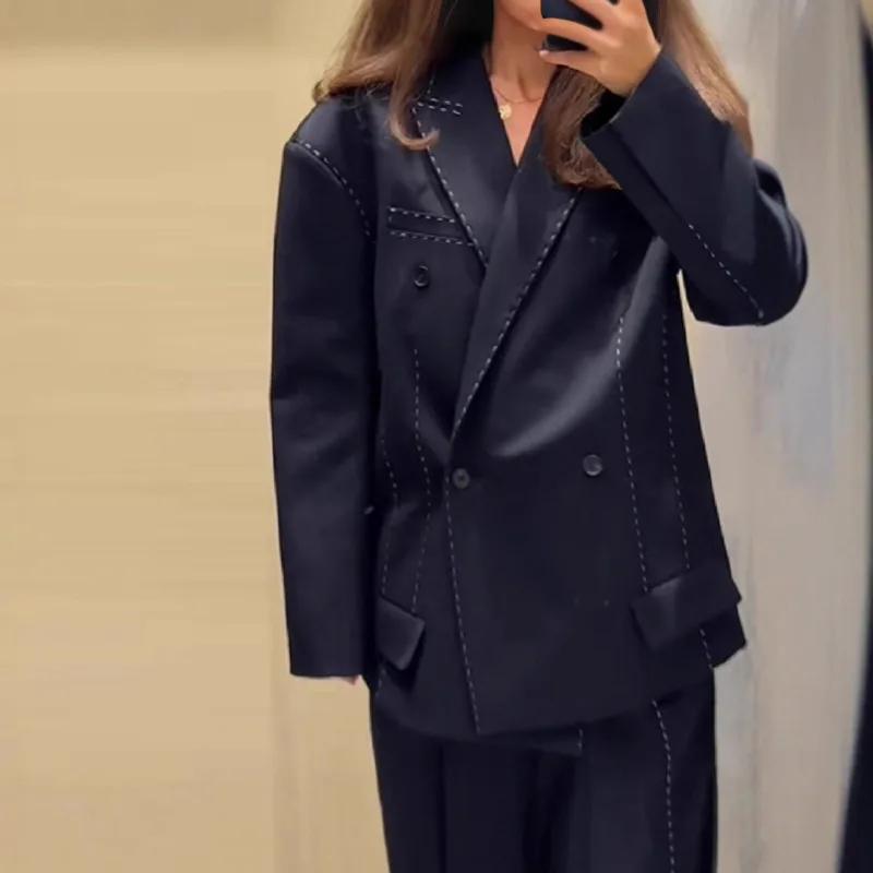 EAEOVNI 스트라이프 여성 투피스 세트 패션 노치드 롱 슬리브 블레이저 코트 롱 팬츠 와이드 레그 트라우저 오피스룩 가을 신상