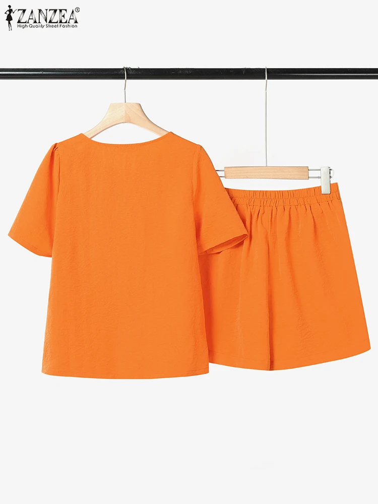 半袖セットアップ レディース 無地 カジュアル ゆったりトップス ウエストゴム ショートパンツ ZANZEA 2025 夏 ファッション OL 仕事 マッチングセット 2点セット