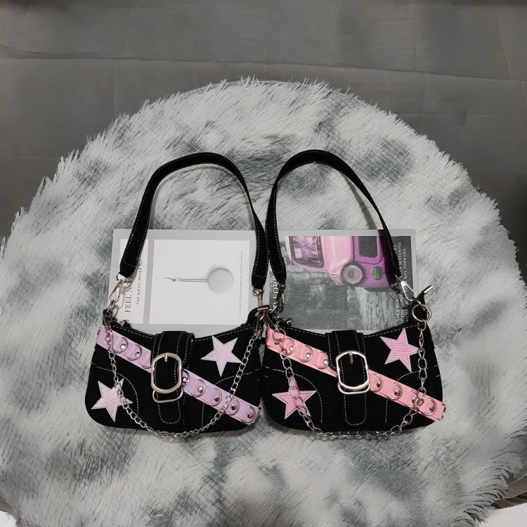 Fashion Women's Handbags Denim Stars Pattern Cool Girls Y2K Underarm Bag Canvas Female Small Shoulder Bags Chain Tote Bag