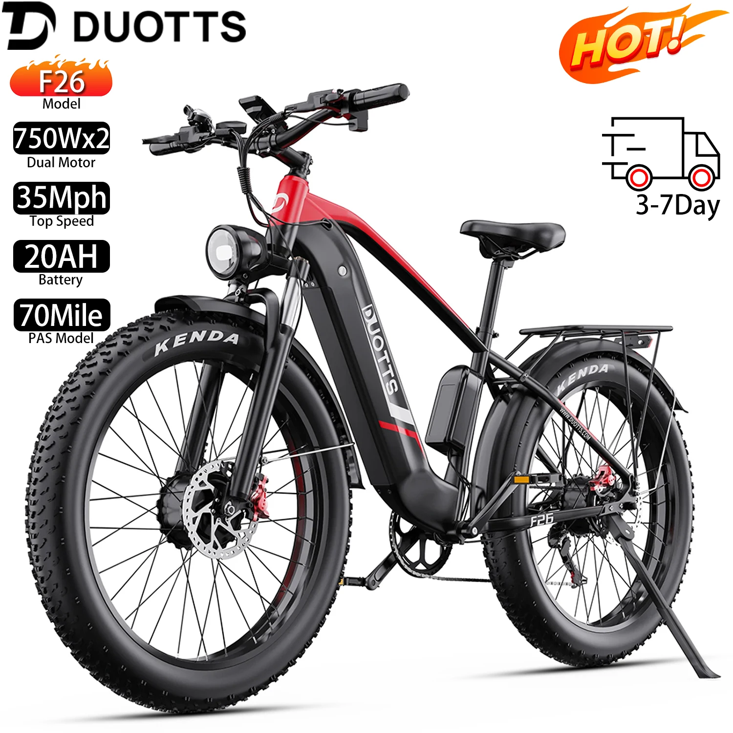 

Electric Bike For Adult DUOTTS F26 26x4.0" 750Wx2,70Mile,48V 20AH,Top SPeed 15Mph,65*2Nm,Commuter Off-road Electric Bike,New