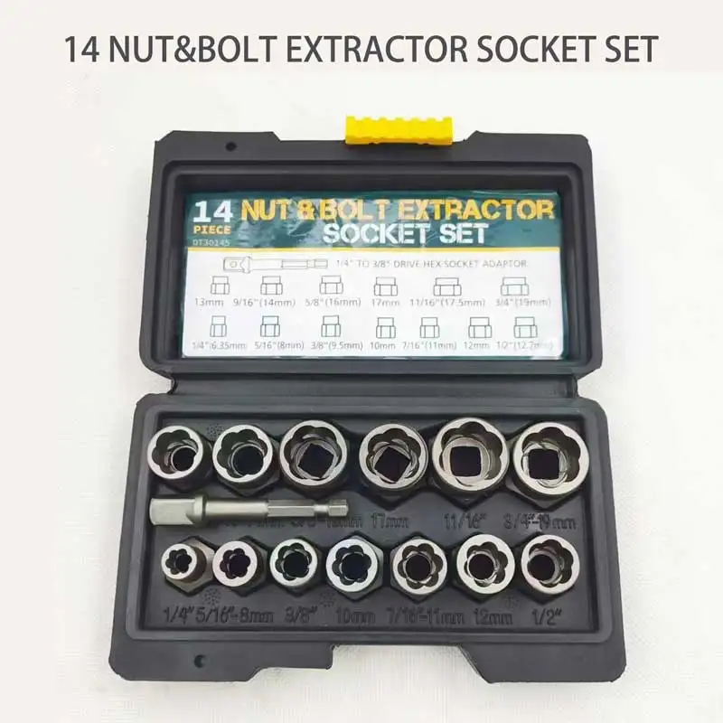 14 Pieces Impact Bolt & Nut Remover Set Cr-Mo Steel Bolt Extractor Tool Set with Solid Storage Case for Industrial Drop Shipping