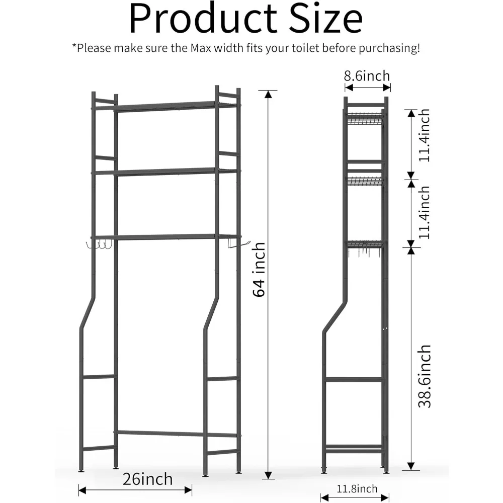 3-Tier Over The Toilet Storage, Space Saver Metal Bathroom Shelves, Freestanding Above Storage Shelf with 4 Hooks for Bathroom