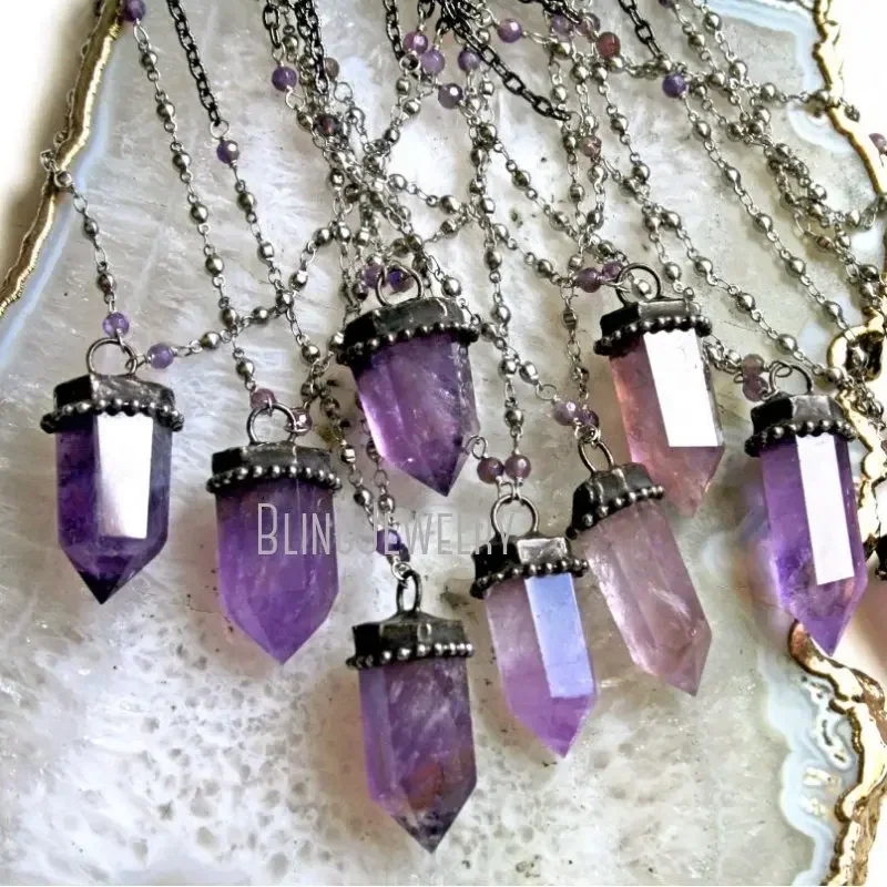 10pcs Goth Amethyst Crystal Obelisk Talisman Wicca Witch Gothic Choker Necklace Halloween Wiccan Witchy Stainless Steel Jewelry