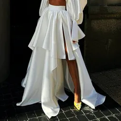 White Two Layers Maxi Party Evening Skirt Without Top High Waist Long Women Formal Skirt Tiered High Slit Girls Birthday Skirt