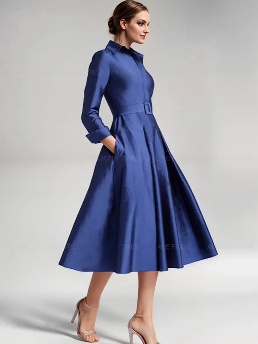 

2025 Vintage Navy Blue Short Blue Mother of the Bride Dress A-Line Shirt Collar 3/4 Sleeves Satin Wedding Guest Party Gowns