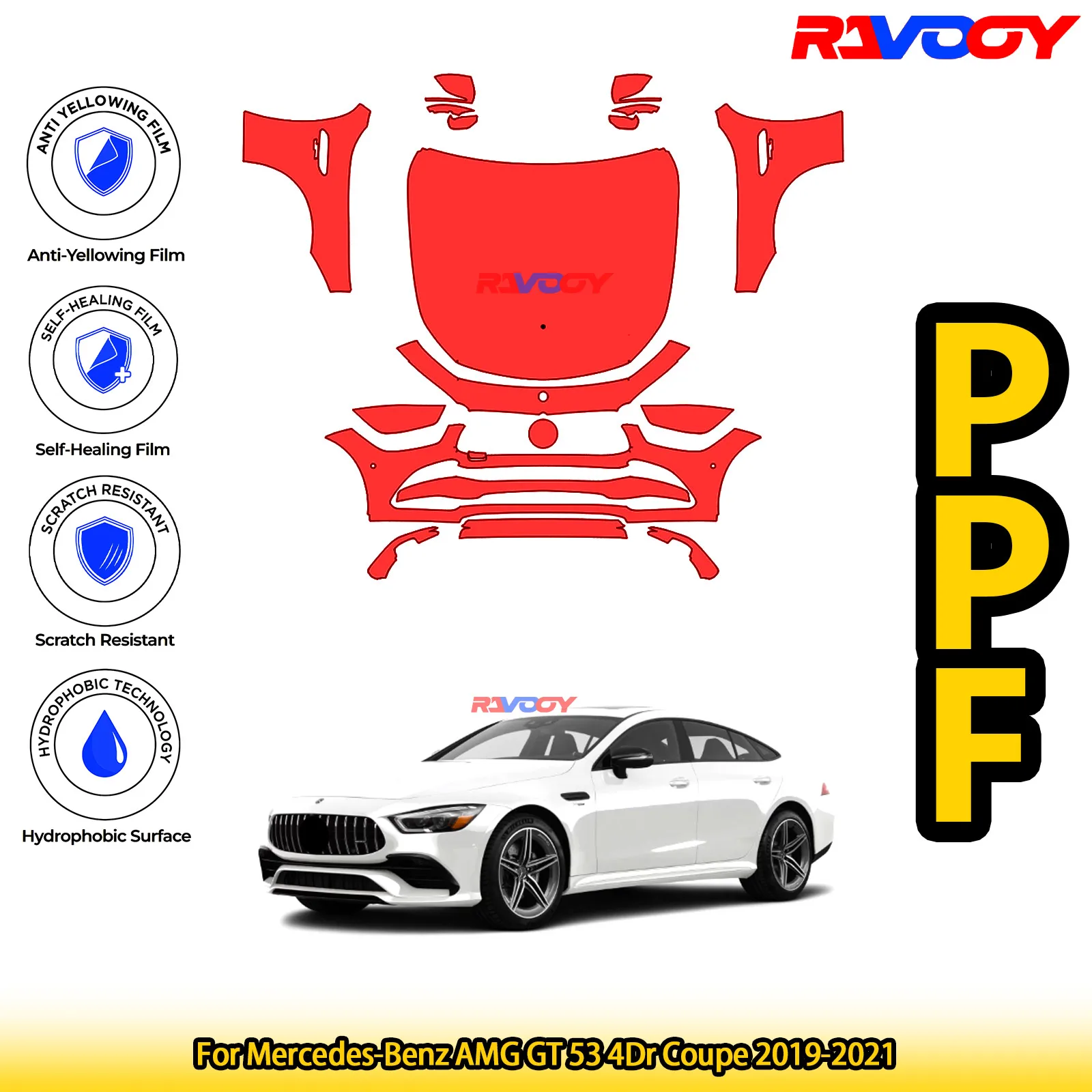 

For Mercedes-Benz AMG GT 53 4Dr Coupe 2019-2021 Glossy Matte Black Precut front PPF Kit Paint Protection Film
