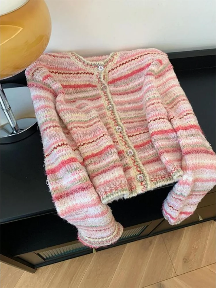 

Мягкий розовый полосатый вязаный кардиган круглого цвета с открытой передней частью для мужчин и женщин, весенне-осенний свитер высокого качества Jaet