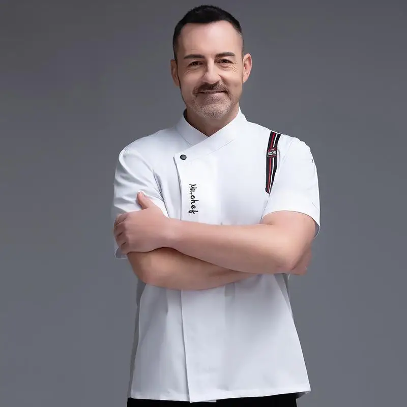 Men's Chef Uniform Custom Logo Summer Short Sleeved Personalized Embroidery Printed Pattern Catering Service Kitchen Jacket Top