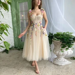 Prom Dresses with 3D Flowers A-Line Tea Length Tulle Spaghetti Strap Backless Garden Party Gown with Pockets
