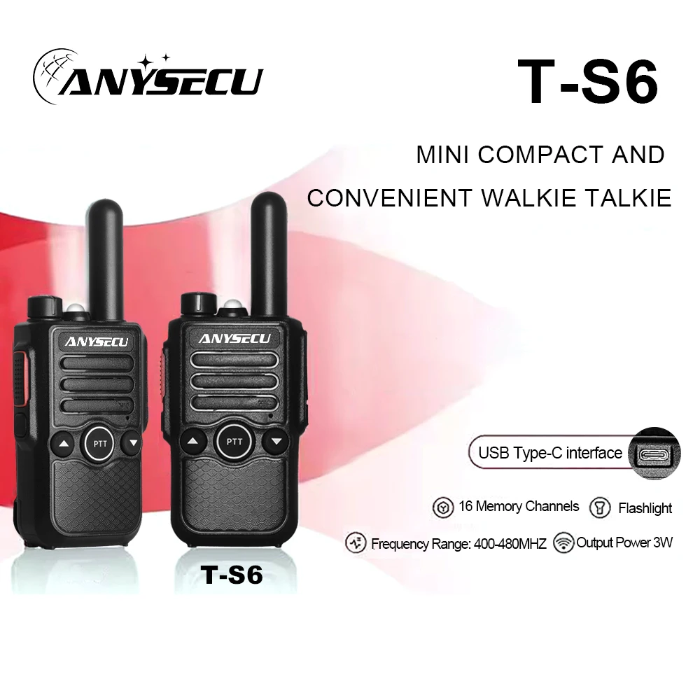 2PCS ANYSECU T-S6 Mini Walkie Talkie 3W UHF 400-480MHz 16CH Portable Two Way Radio Type-C Charging VOX Flashlight 1000mAh