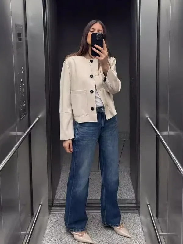 

Faionable mat round Ne Faux Fur Jaet Outerwear 2025 Spring New Arrival Women's ort Coat Button Closure Long Sl...