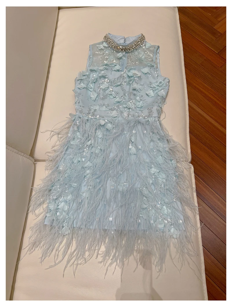 Lingzhi Wu piume di paillettes di alta qualità vestono le signore di lusso Brithday Party Vestidos Bud abiti corti perline blu femminili