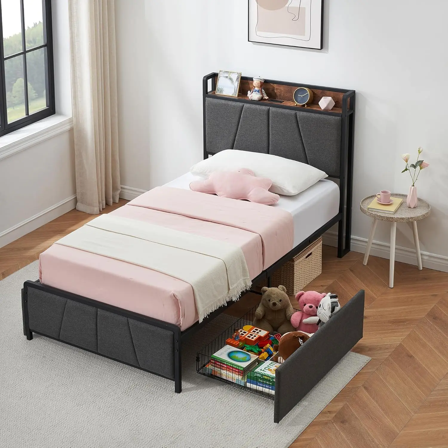 Rústico linho estofados Bedframe Plataforma com armazenamento Headboa, Twin Size Quadro Bed, 2 gavetas e Estação de Carregamento