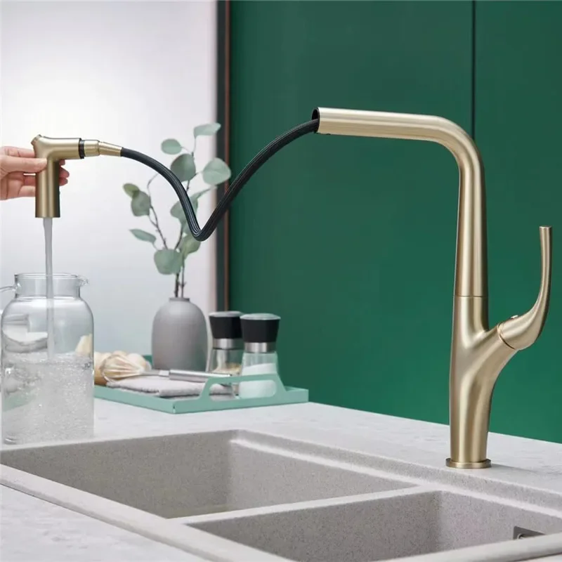 Brushed Gold Pull Out Kitchen Faucet Water Sink Tap Brass Crane For Kitchen  Black  Sink Faucet Mixer Gray  Kitchen Faucet