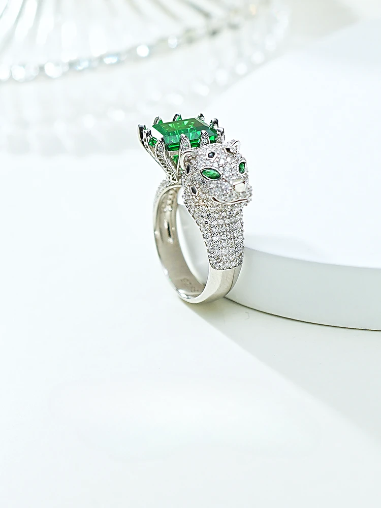 Heavy Industry Artificial Emerald Leopard 925 Sterling Silver Ring Set with High Carbon Diamond Full Diamond Wedding Jewelry