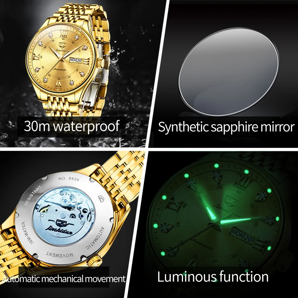 JSDUN Original Fashion Automatic Mechanical Watch for Men High Quality Luxury Gold Wristwatch Man Calendar Luminous Men\'s Watch