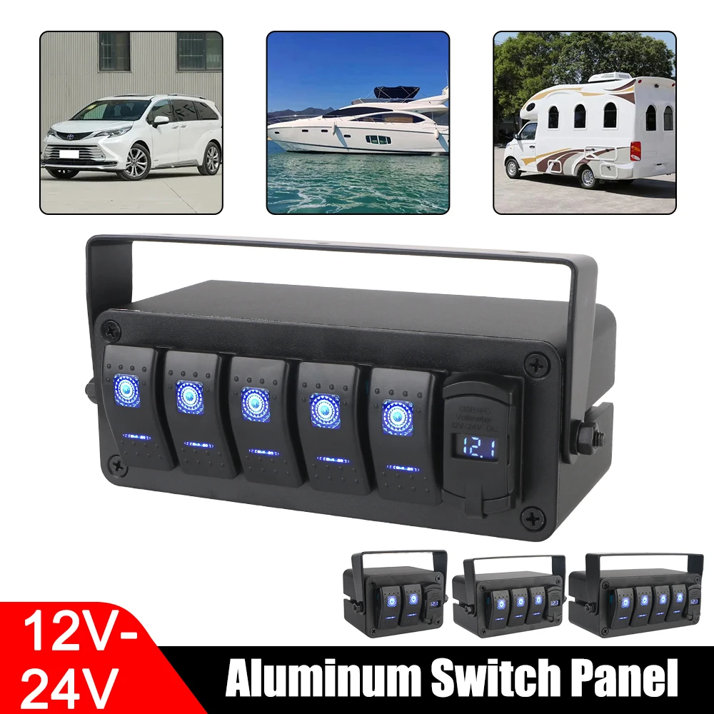 Digital Voltmeter DC 12V/24V Auto Accessories Car Marine Circuit Breaker 2/3/4/5 Gang PD+QC Fast Charging Switch Panel