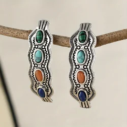 Pendientes De Piedra S Multicolor Bohemios Para Mujer, Joyería Étnica, Medio Redondo, Metal Antiguo, Azul, Naranja
