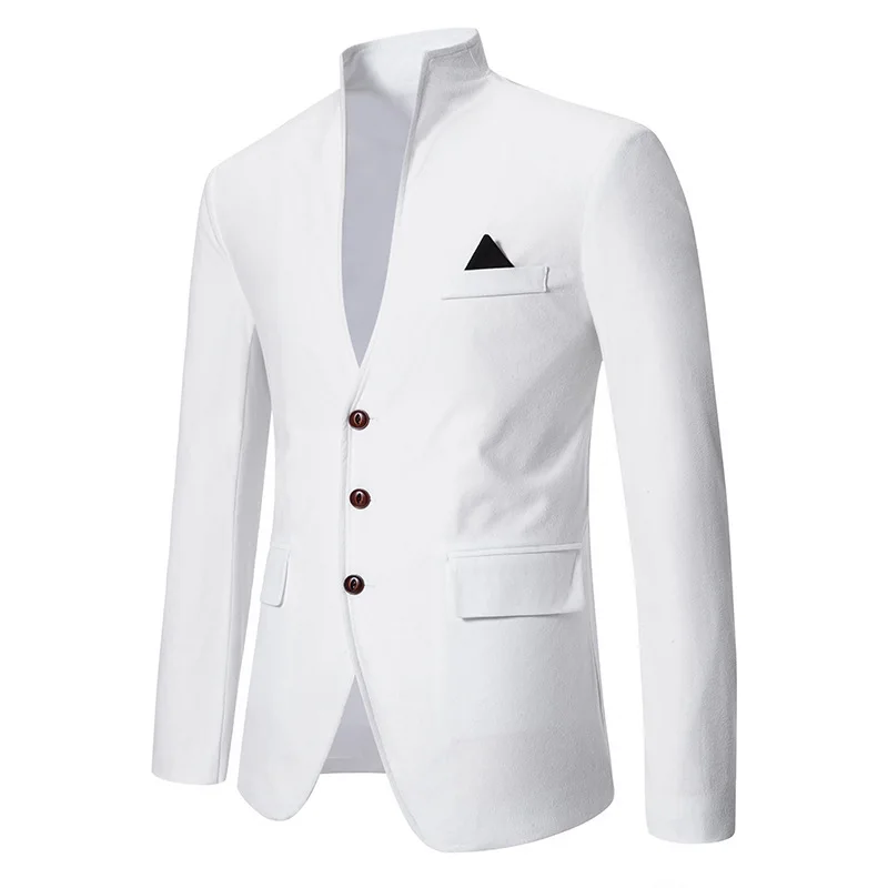 Mandarin Collar White Dress Blazer Men Formal Stand Collar Patchwork Tuxedo Suit Coat Wedding Banquet Party Prom Dinner Clothing