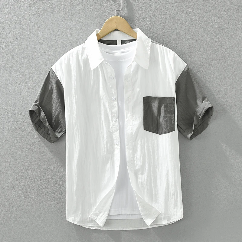 

White Patchwork Short Sleeve Shirts for Men 2024 Summer New Plus Size Casual Loose Turn-down Collar Shirts