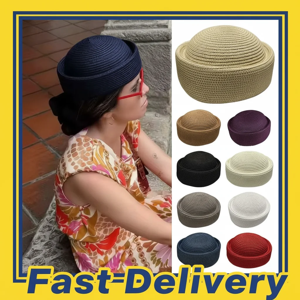 Kapelusz typu bucket hat ze słomy w jednolitym kolorze, letni, retro, elegancki, formalny, oddychający beret, kapelusz przeciwsłoneczny, modny kapelusz chroniący przed słońcem, kapelusz malarski