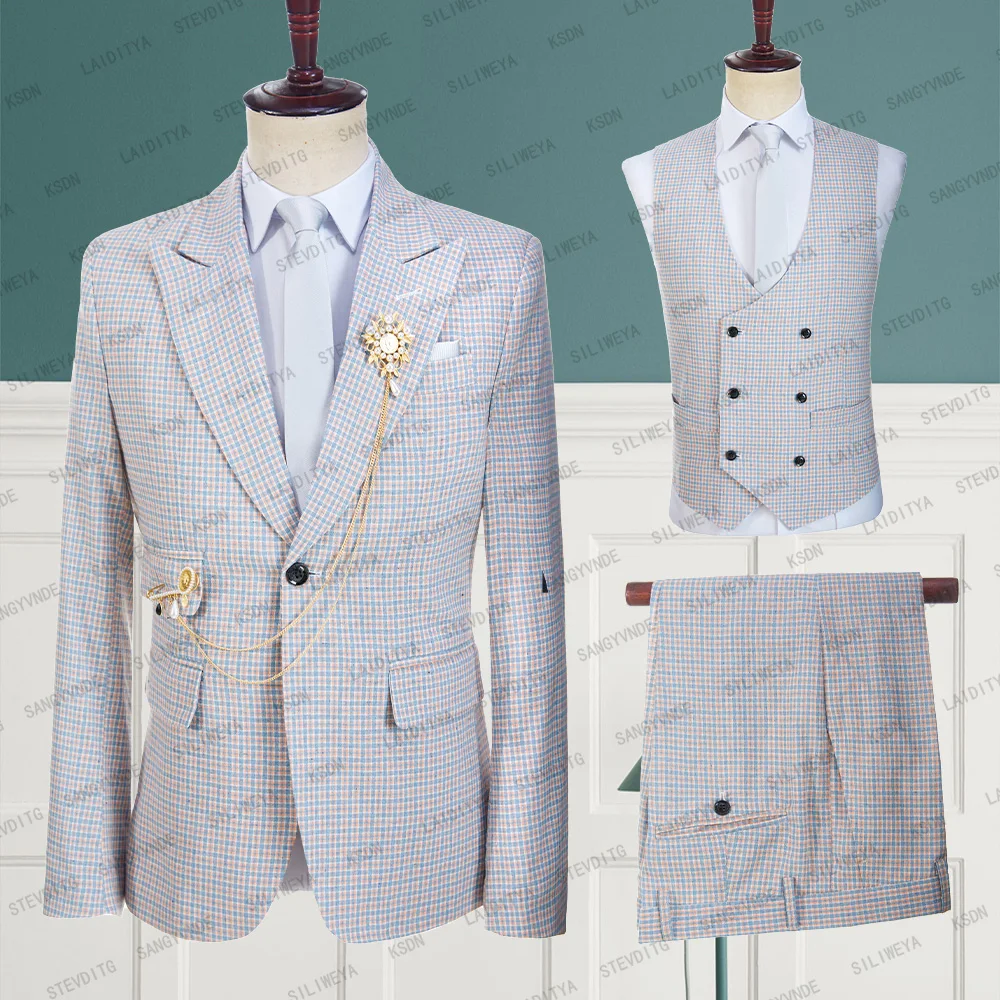 2023 New Costume Homme Popular Men Suits Orange Blue Classic Plaid Linen Groom Slim Fit Tuxedo 3 Pcs Set Jacket+Pants+Vest