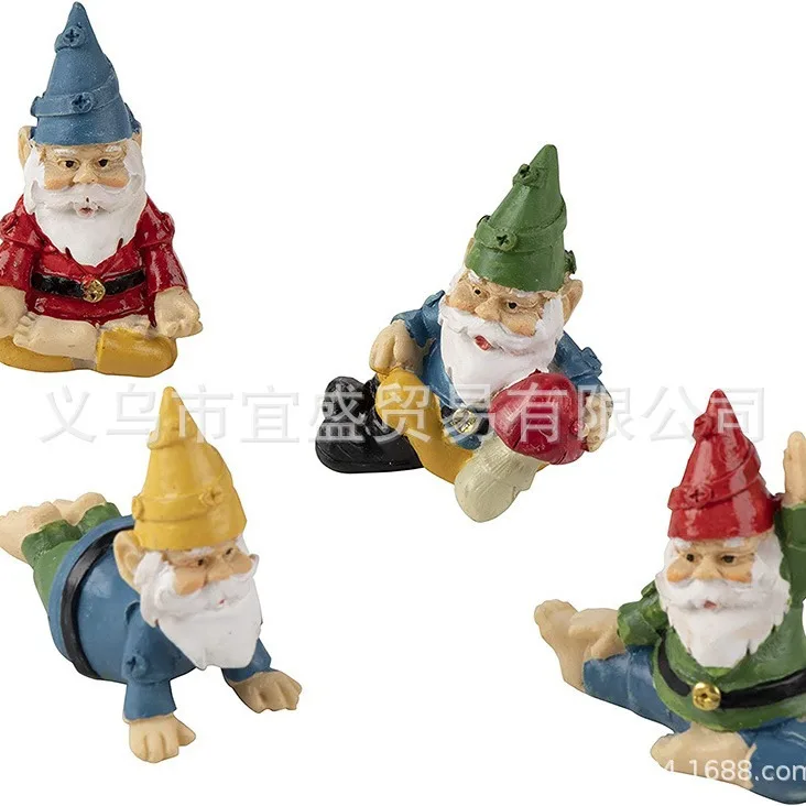 ‌4pcs Resin Yoga Dwarf Figurine Set - Miniature Zen Garden Decor, Handmade Micro Landscape for Home & Office