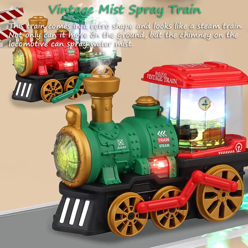 Tren de vapor con spray eléctrico de juguete para niños: conducción universal automática con luz y sonido, locomotora retro, juguete para regalo para niños