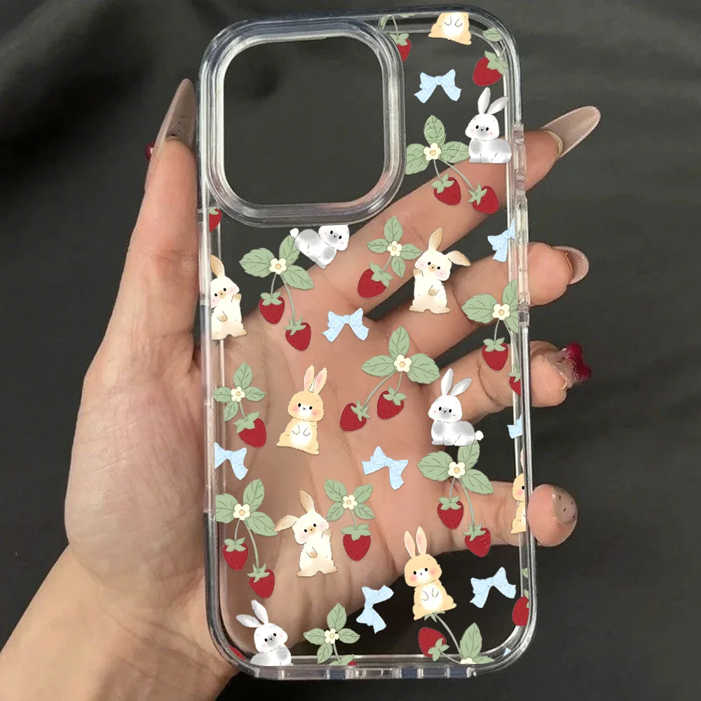 

Ins Cute Cartoon Phone Case For iPhone 11 Funda iPhone 15 13 16 12 14 Pro Max Soft TPU Transparent Rabbit Strawberry Back Cover