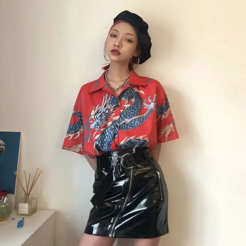 Dragon printing shirts for ladies New chic Women\'s Blouses Harajuku Tops Short Sleeve Female Blusas Mujer