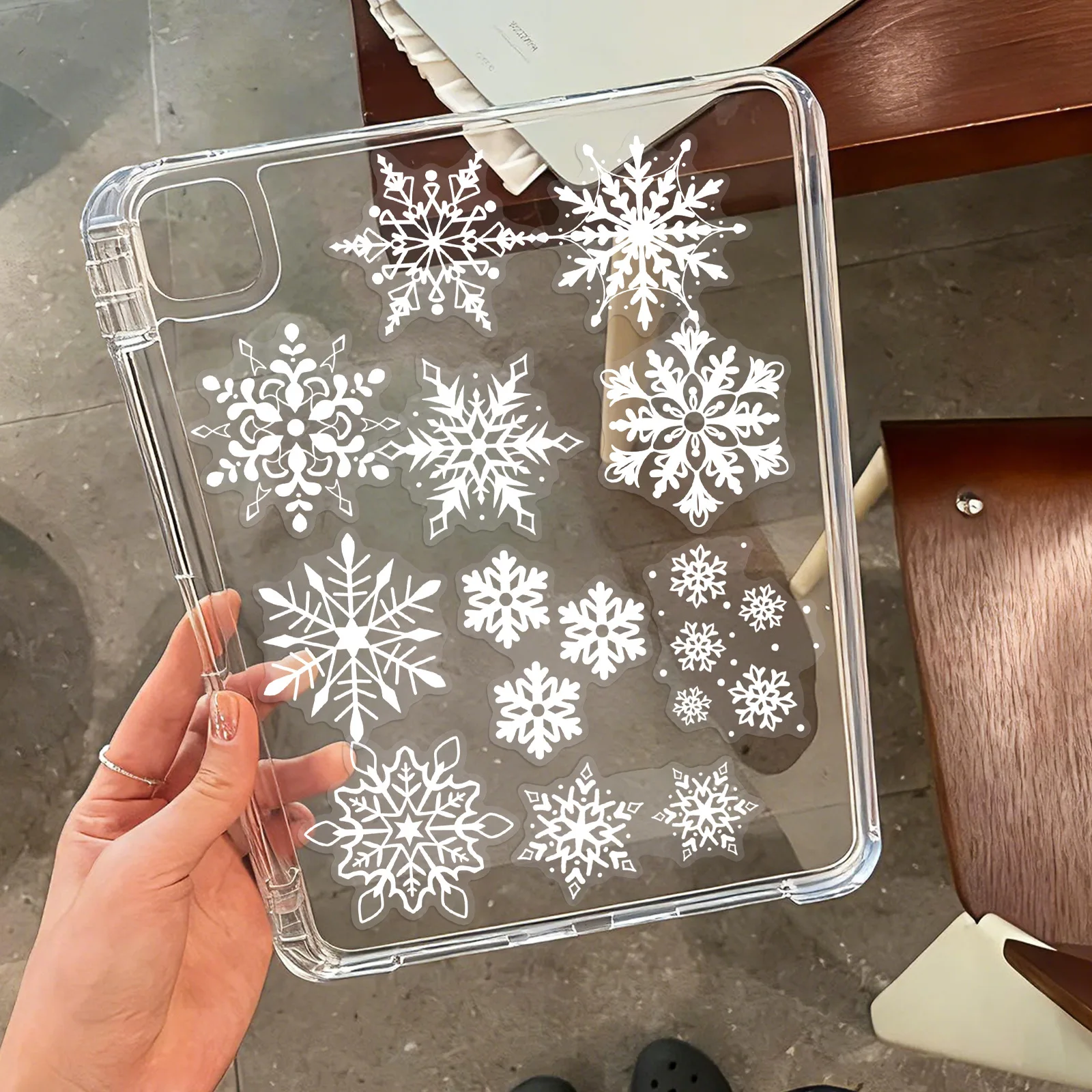 50 Uds pegatinas transparentes copo de nieve blanco decoración de dibujos animados día de invierno Graffiti DIY juguetes nevera portátil guitarra coche bicicleta calcomanías