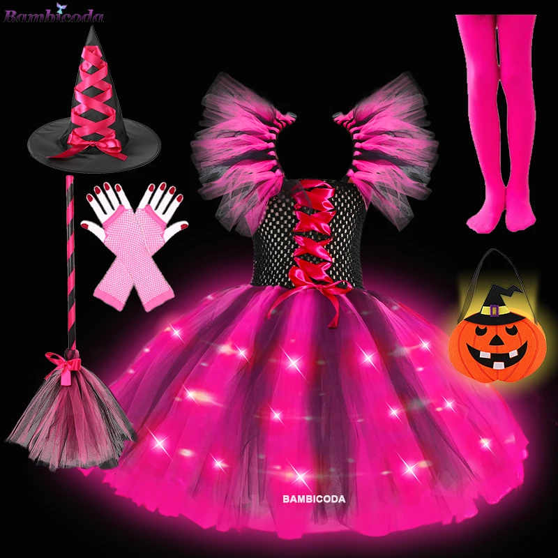 Girls Witch Dress Princess LED Dress for Girls Kids Charm Cosplay Carnival Dress Up Clothes Birthday Party Halloween Costume