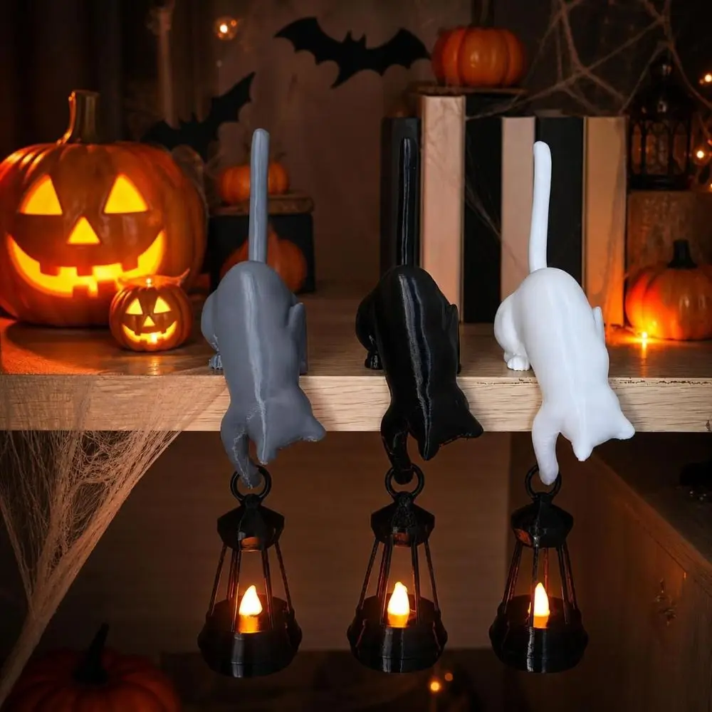 3D Printed Cat-Shaped Wall Hook Cute Cartoon Bookshelf Lantern with Lantern Inverted Hanging Wall Key Rack Bookshelf Decoration