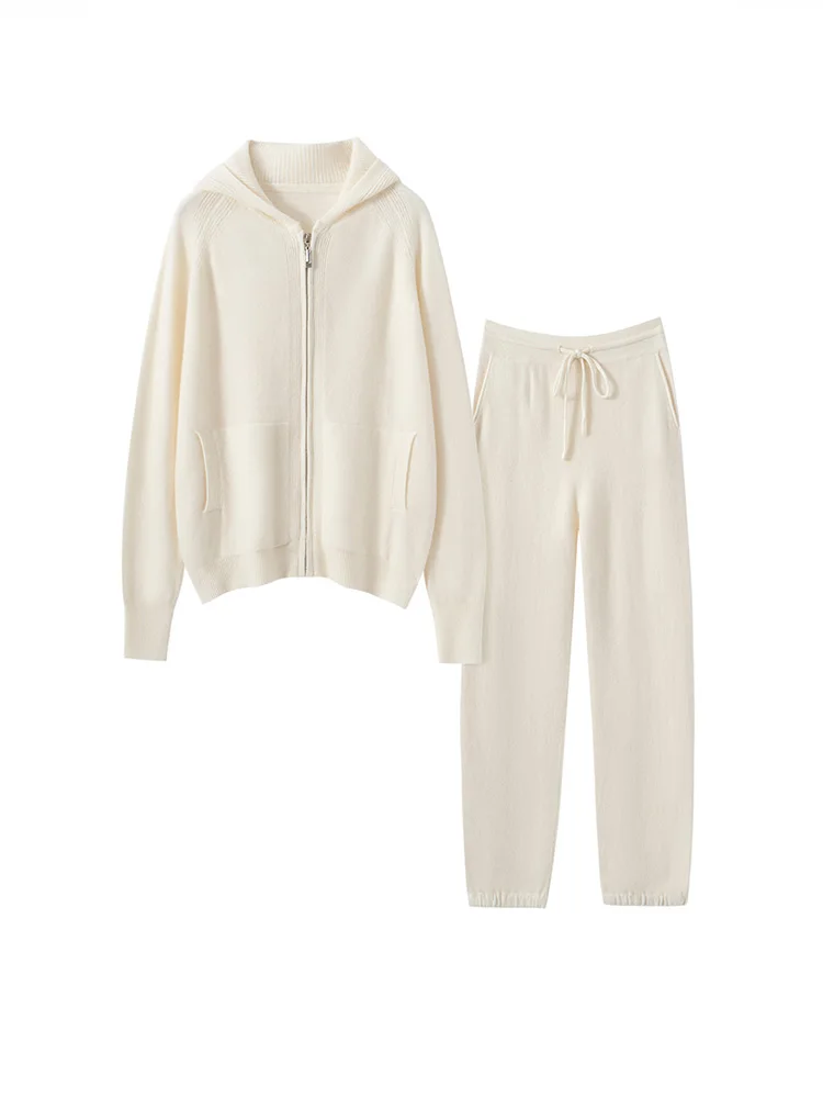 2025 Basic Women's Tracksuit Autumn Winter Casual 100% Cashmere Hooded Cardigan Sweater Zipper Soft Warm Knitwear Two Pieces Set