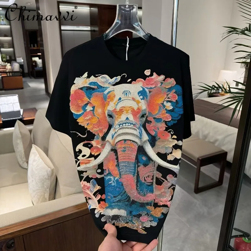 

Весенне-летняя новая роскошная футболка с тяжелыми стразами, свободного кроя, с круглым вырезом и коротким рукавом, мужская модная стильная универсальная повседневная верхняя одежда
