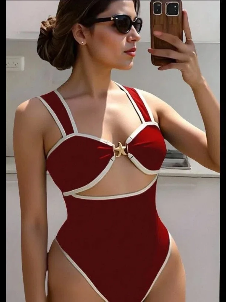 

Женский однотонный цельный купальник с металлической пряжкой и вырезом, сексуальный купальник с воротником-стойкой, летние каникулы, бикини с вырезами