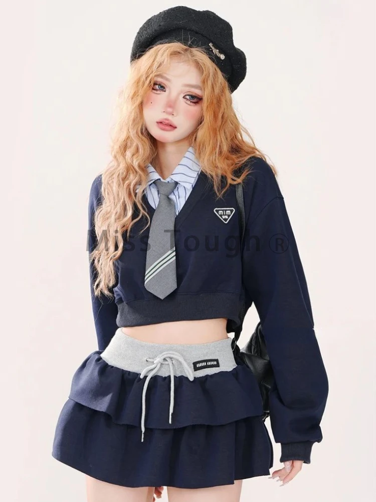 Autumn Aesthetic Y2k Loose 2 Piece Set Women Vintage Fashion Long Sleeve Patchwork Tops Female + High Waist Lace Up Skirt Suit