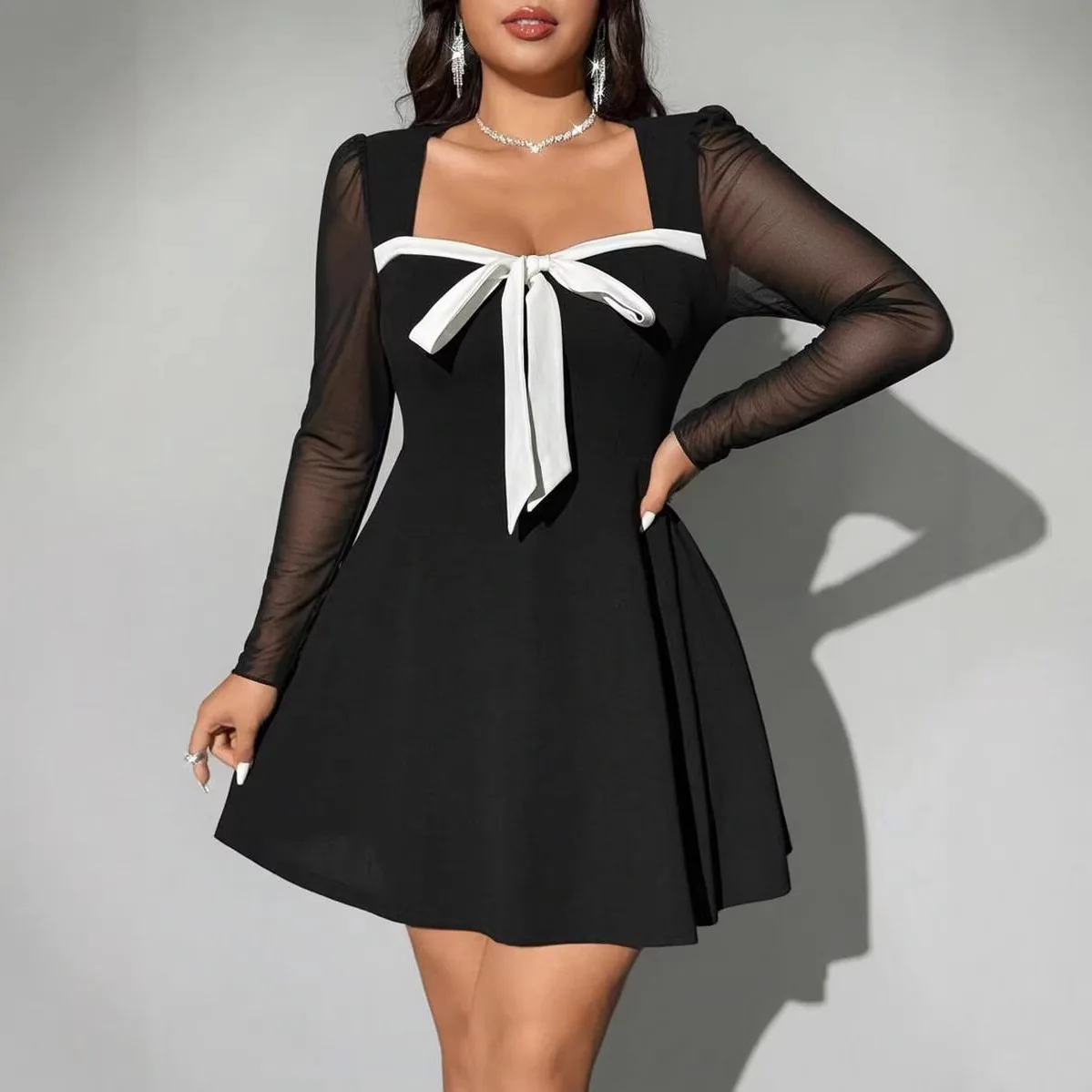 

2026 Summer Lace Stitching Long-sleeved Chest Bow Decorative Sexy Dress