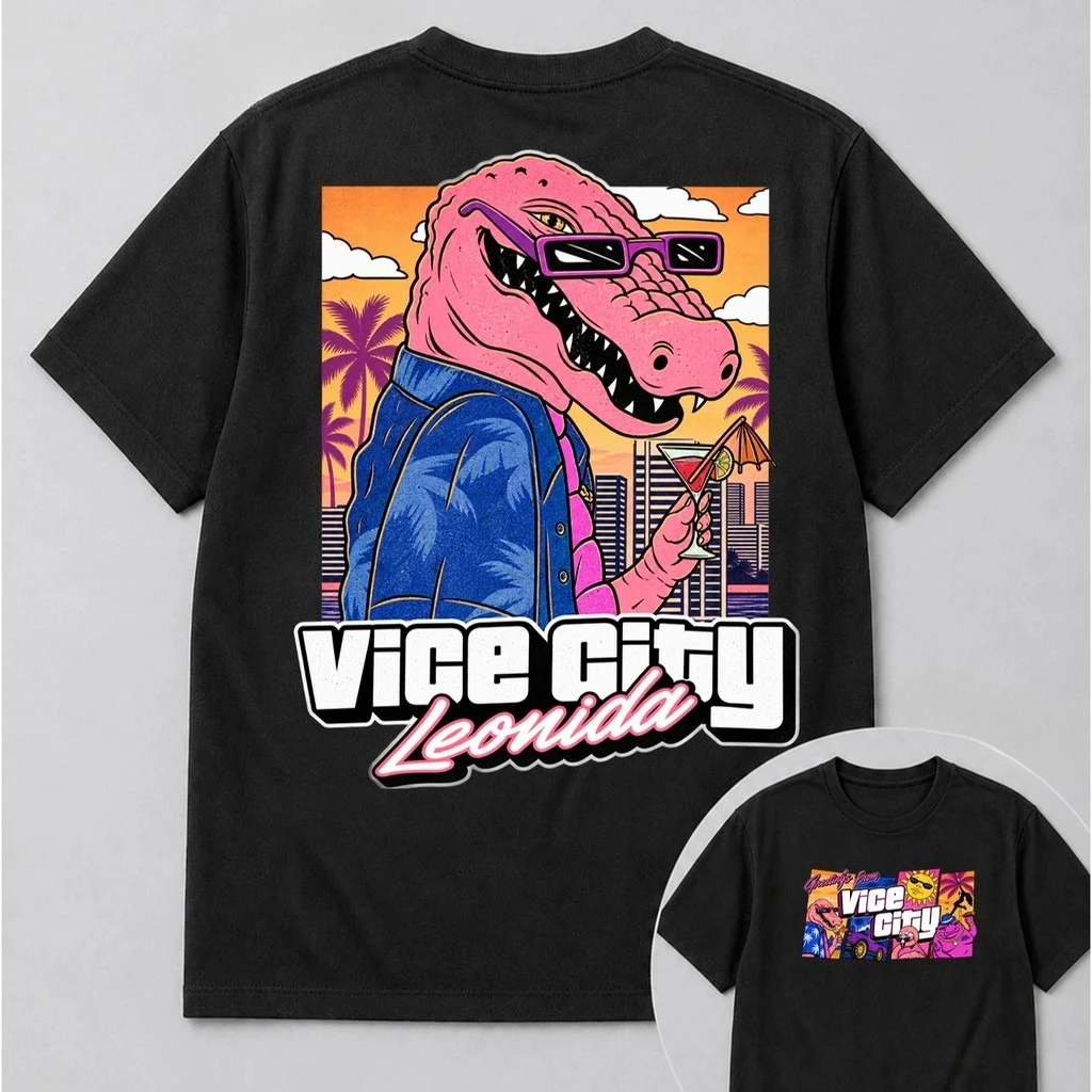 GTA 6 Vice City Leonida Pink Crocodile Sunglasses Cocktail Graphic T-Shirt Retro Miami Palm City Print Unisex and Kids Tee