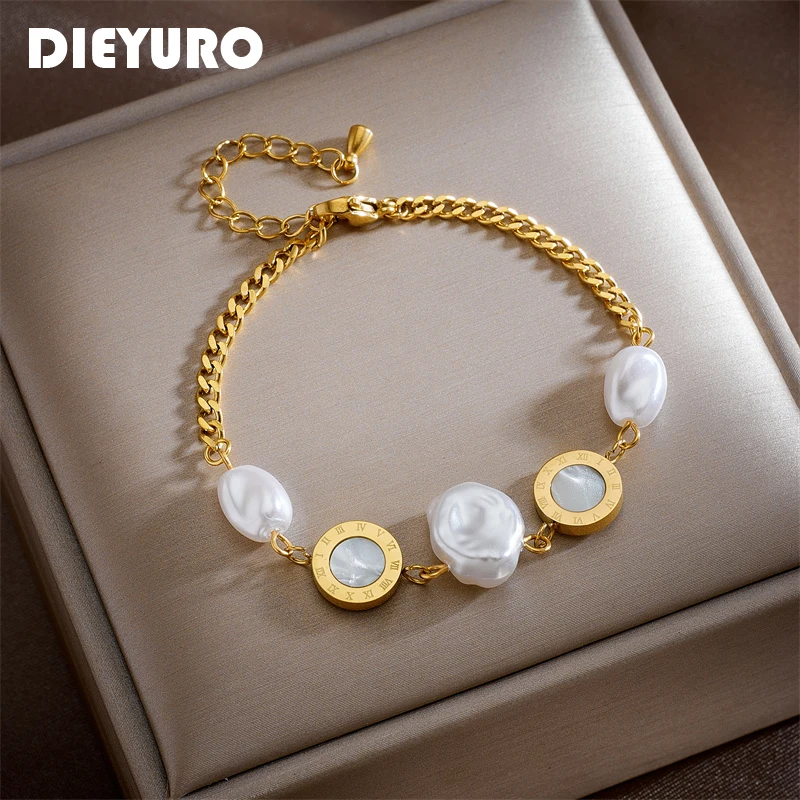 

DIEYURO 316L Stainless Steel Roman Numeral Big Pearl Charm Bracelet For Women New Design Girls Wrist Party Jewelry Gifts Браслет