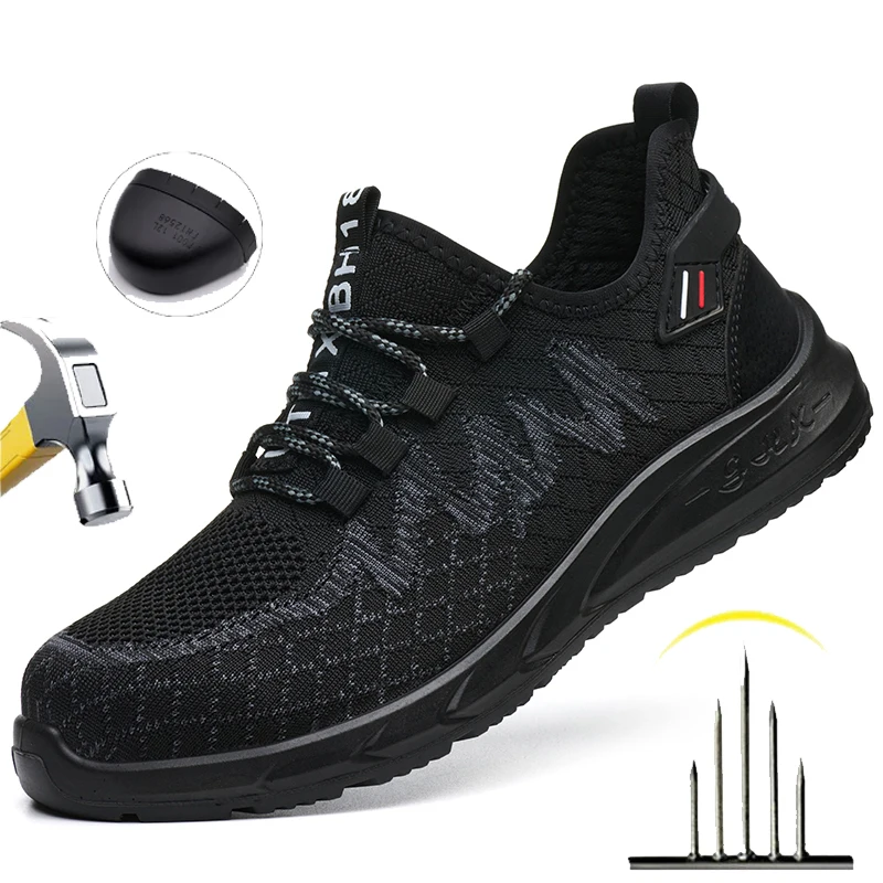 Men's Anti-Puncture Safety Boots Steel Toe Lightweight Breathable Indestructible Shoes Soft Upper All-Season Casual Hiking Shoes