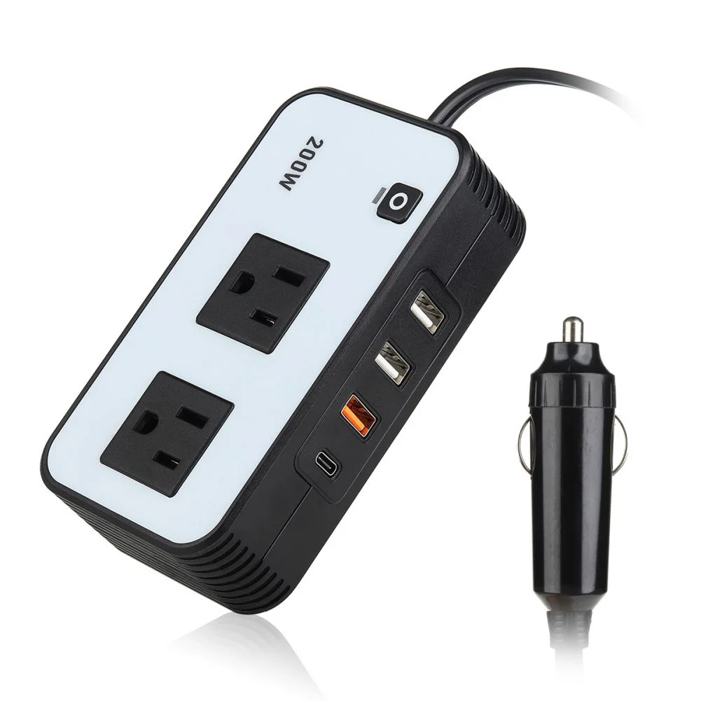 

200W Power Inverter 12V DC To 110V AC Car Plug Adapter With 3 USB-A And 1 Type-C Ports For Laptop Computer Smartphones